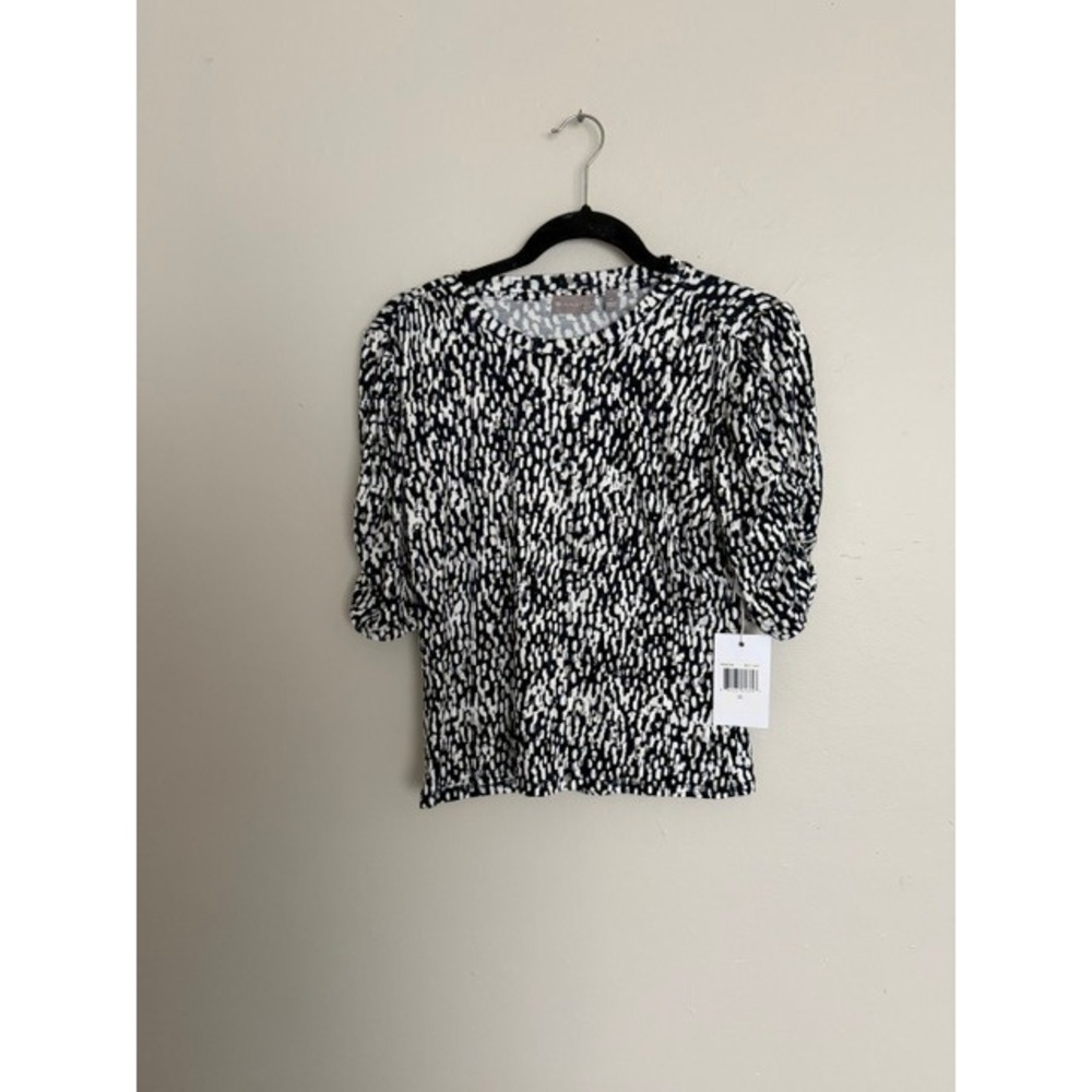 Evolution by Cyrus Women Navy White Abstract Dot Puff Sleeve Knit Top Size M NWT